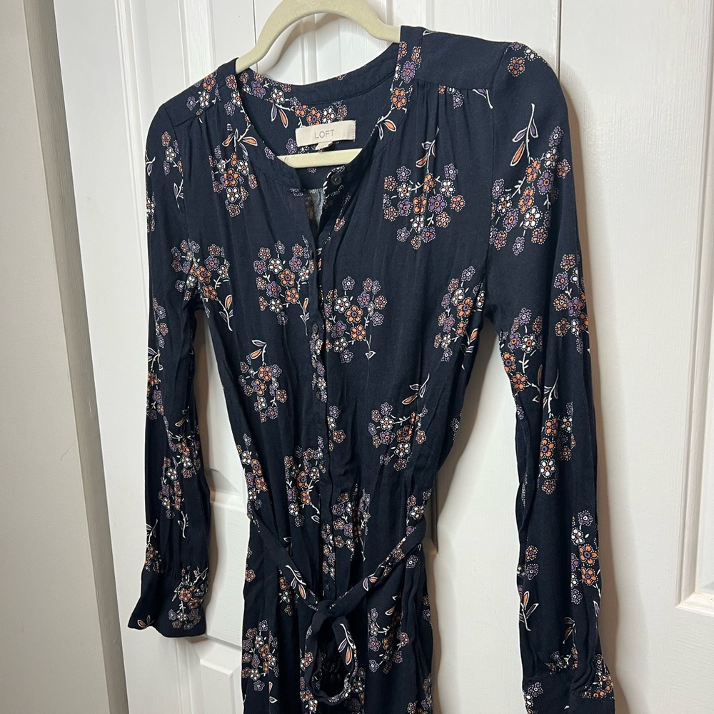 LOFT Navy Floral Button-Down Dress
